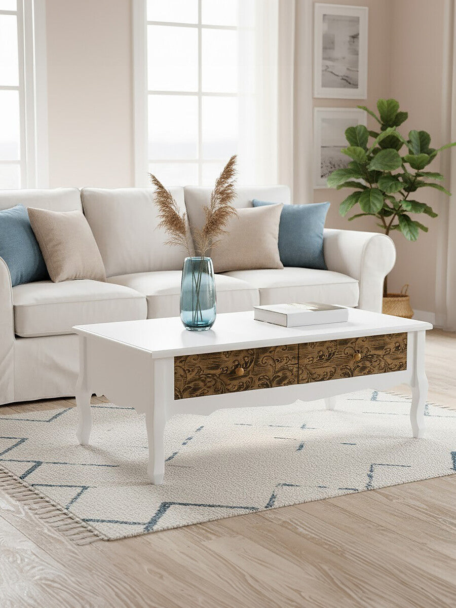 White Rectangular Coffee Table with Two Storage Drawers | Bali