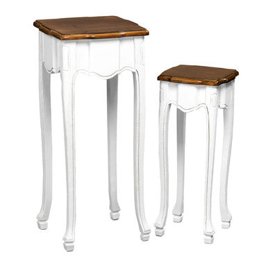 Set of 2 Brown Wood Top Accent Tables with White High Gloss Finish Legs | Serena
