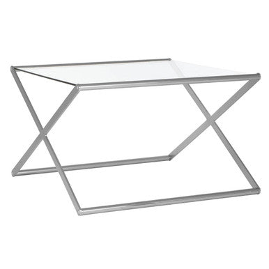 Tempered Glass Square Coffee Table with Criss Cross Satin Nickel Base | Roma