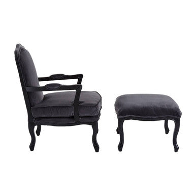 Grey Velvet Chair and Footstool | Rococo
