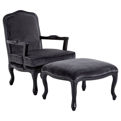 Grey Velvet Chair and Footstool | Rococo