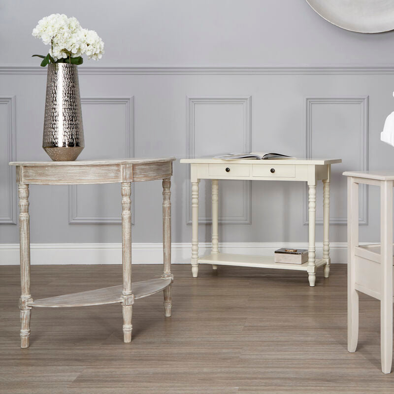 Natural Wooden Half Moon Console Table with Lower Storage Shelf and Carved Legs, Heritage