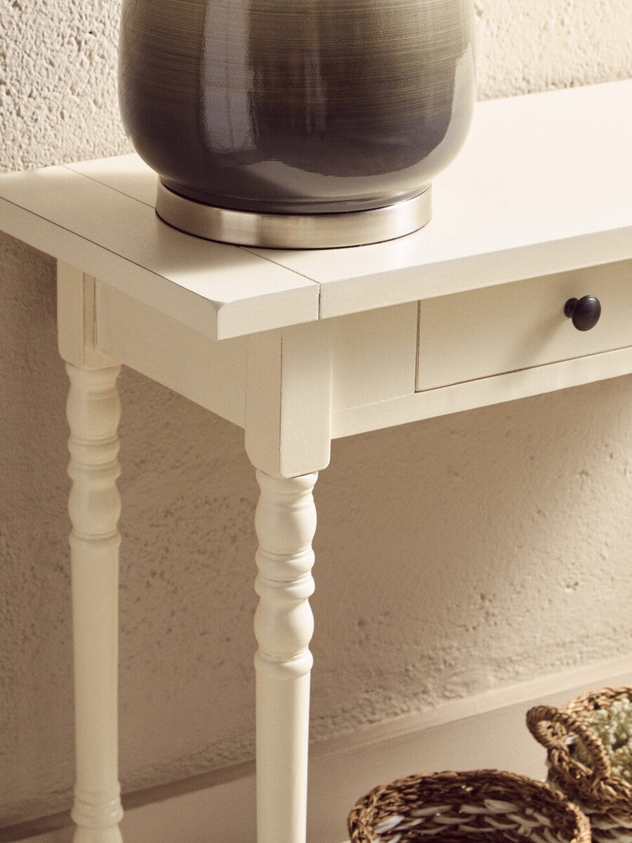 White Wooden Ivory Two-Tier Display Top Console Table with 2 Drawers and Carved Legs, Heritage