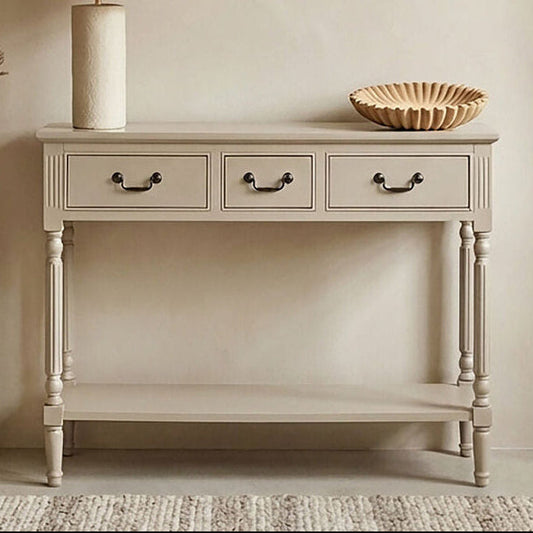 Grey Natural Wooden Two-Tier Display Top Console Table with 2 Drawers and Carved Legs, Heritage