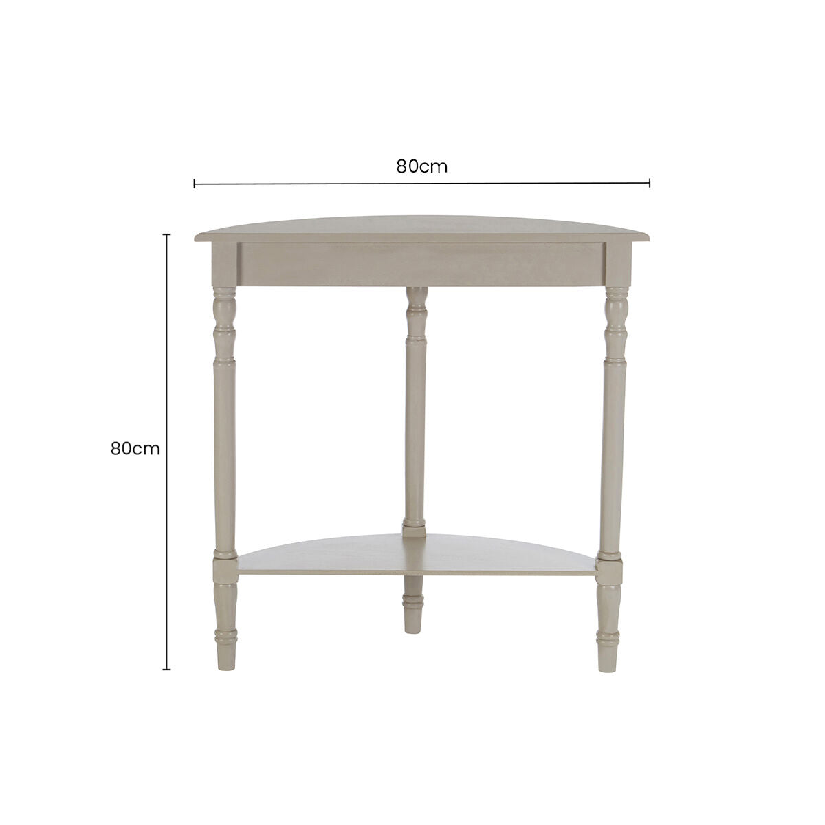 Grey Putty Wooden Half Moon Console Table with Open Lower Shelf and Carved Spindle Legs | Heritage