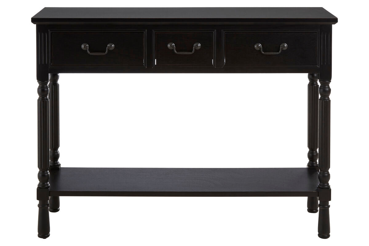 Vintage Black Wooden Three-Drawer Console Table with Bottom Storage Shelf and Carved Spindle Legs, Heritage