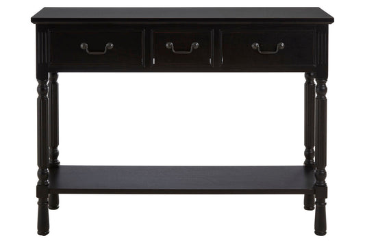 Vintage Black Wooden Three-Drawer Console Table with Bottom Storage Shelf and Carved Spindle Legs, Heritage