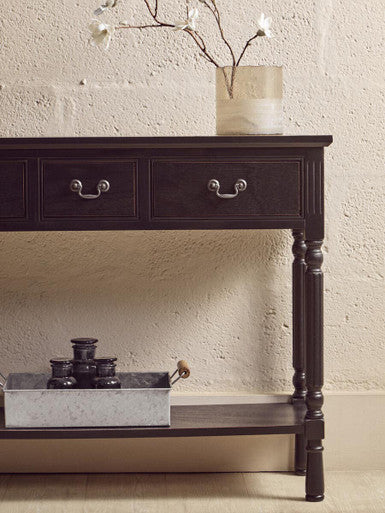 Vintage Black Wooden Three-Drawer Console Table with Bottom Storage Shelf and Carved Spindle Legs, Heritage