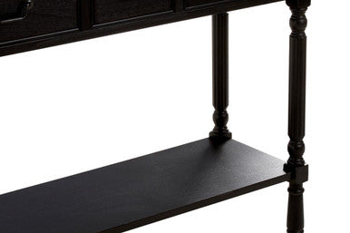 Vintage Black Wooden Three-Drawer Console Table with Bottom Storage Shelf and Carved Spindle Legs, Heritage