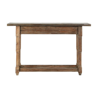 Grey Metal Top Console Table with Natural Carved Wooden Legs | Elementary