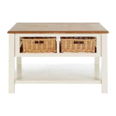 Cream Wood Coffee Table with 2 Rattan Storage Baskets | Dorset