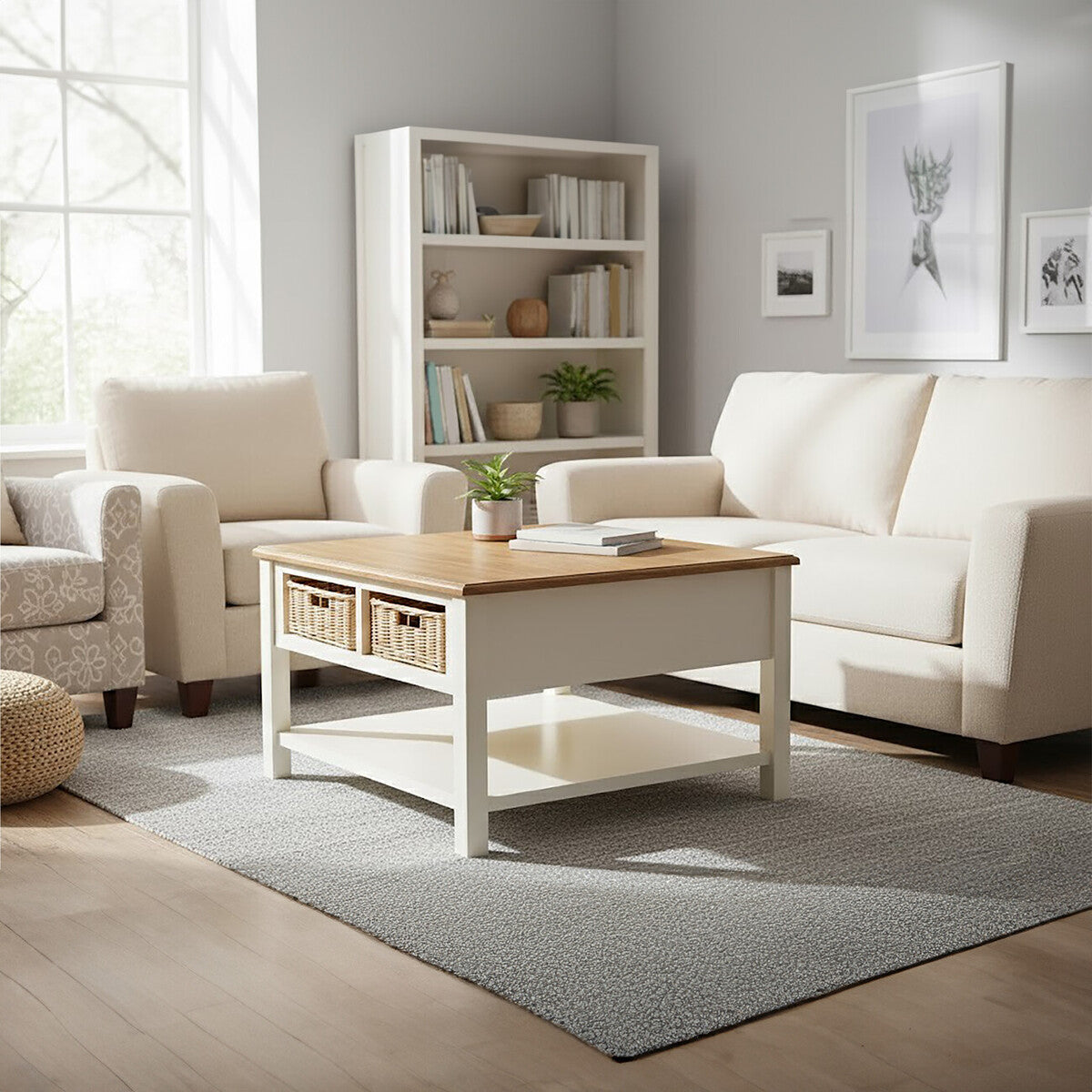 Dorset Cream Coffee Table with Rattan Storage Baskets