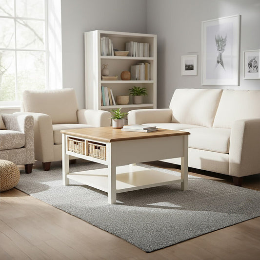 Dorset Cream Coffee Table with Rattan Storage Baskets