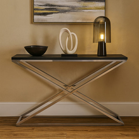 Black Leather Effect Console Table with Cross Design, Tribute