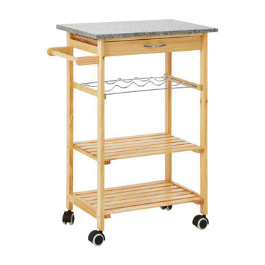 Large Pinewood Kitchen Trolley with Granite Surface, Harlow Glenn