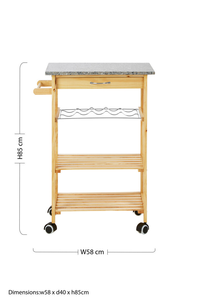 Large Pinewood Kitchen Trolley with Granite Surface, Harlow Glenn