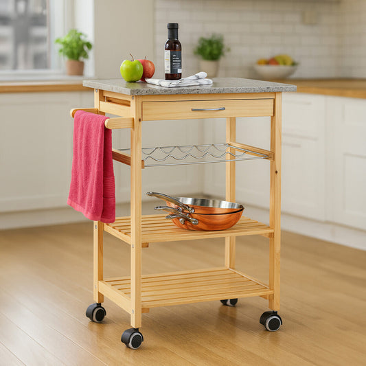 Large Pinewood Kitchen Trolley with Granite Surface, Harlow Glenn
