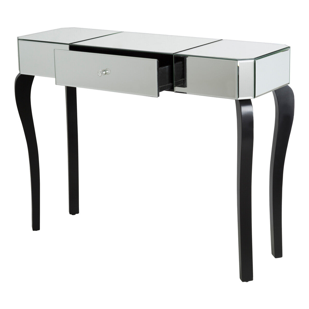 Mirrored Finish 1-Drawer Console Table with Bevelled Edge and Black Wooden Legs | Orchid