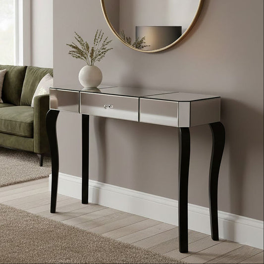 Mirrored Finish 1-Drawer Console Table with Bevelled Edge and Black Wooden Legs, Orchid