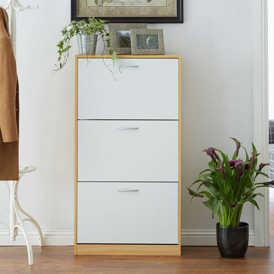 Quinn White And Oak Veneer 3 Drawer Shoe Cupboard