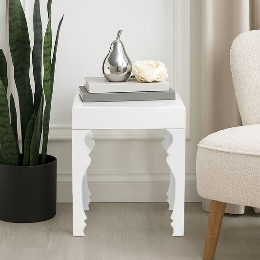 White High Gloss MDF Side Table with Decorative Shaped Curved Legs, Luis