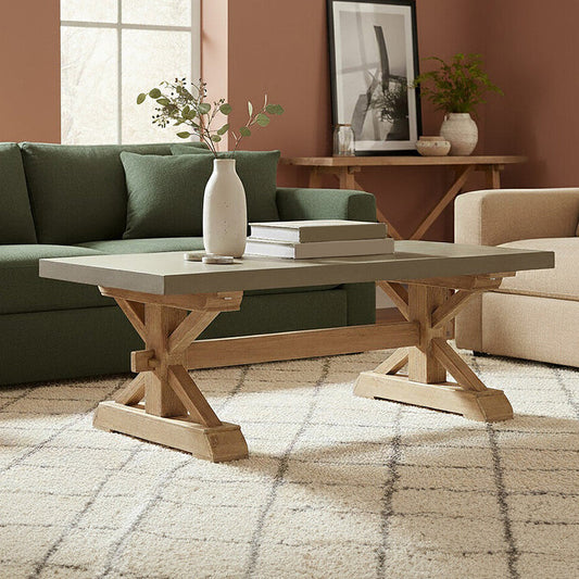 Grey Finish Top Traditional Wooden Coffee Table with Natural Wood Base, Pompeii