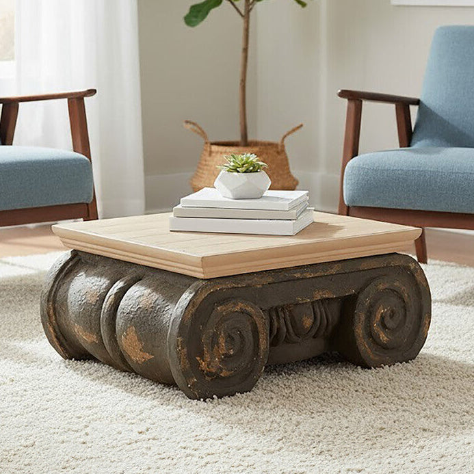 Natural Wood Top Coffee Table with Distressed Charcoal Grey Ornate Base | Pompeii