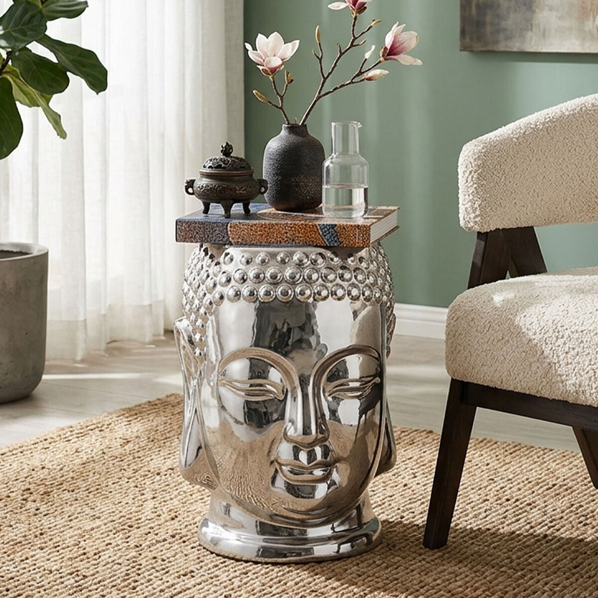 Complements Silver Dolomite Buddha Sculpted Side Table Deep Black Rounded Top | Torcello