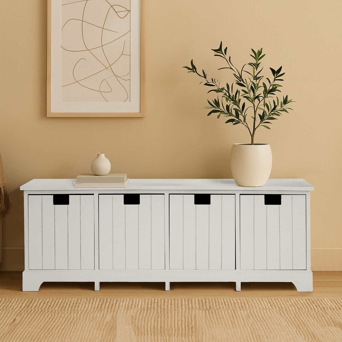 White Storage Bench with 4 Drawers | New England