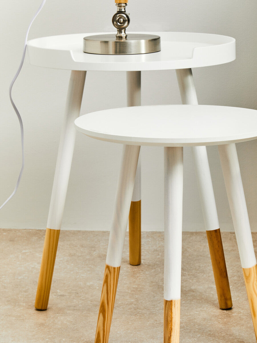 Set of 2 White Bamboo Round Nesting Side Tables with Natural Wood Legs | Viborg