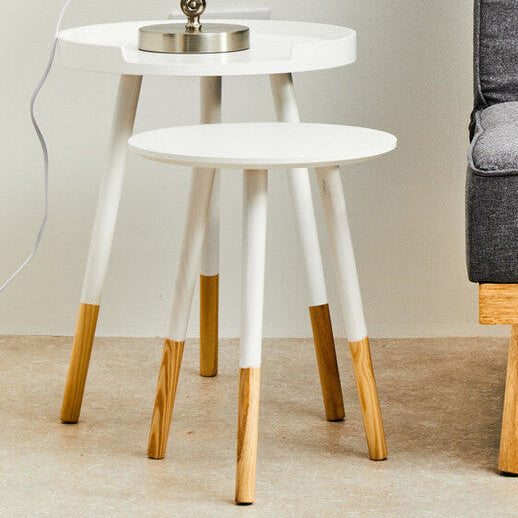 White Round Side Table with Natural Wood Effect Feet | Viborg