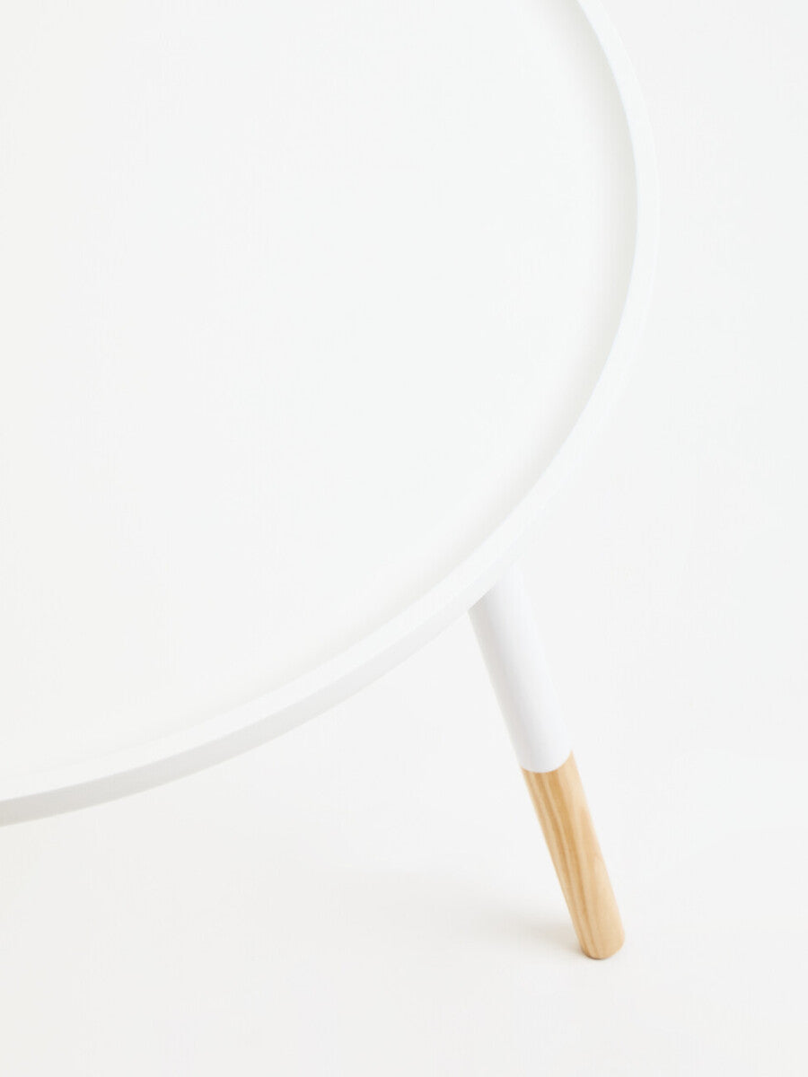 White Small Round Side Table with Natural Wood Effect Feet | Viborg