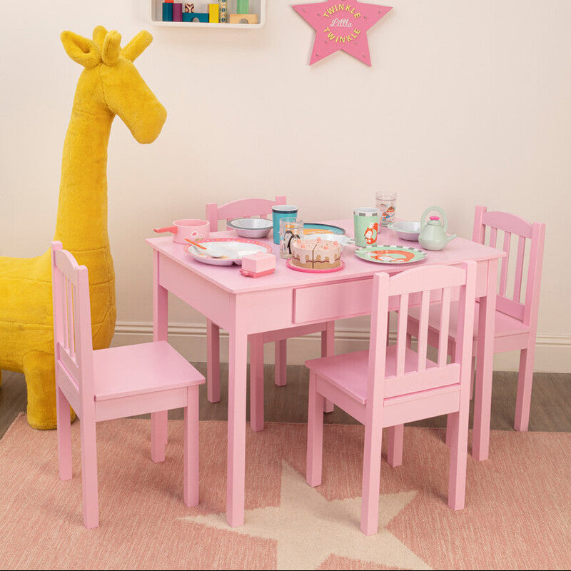 Kids Pink Wooden Table and 4 Chairs Set, Kids Storage and Dining