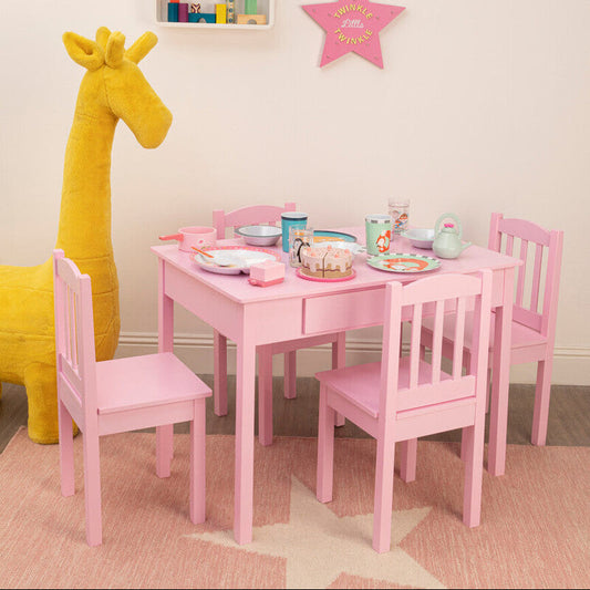 Kids Pink Wooden Table and 4 Chairs Set, Kids Storage and Dining