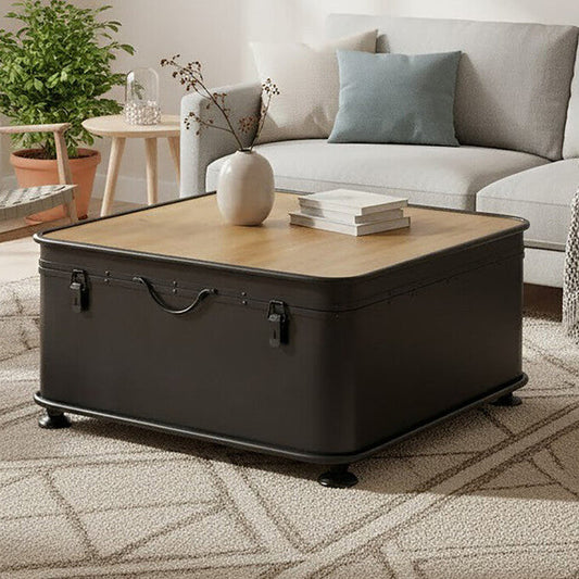 Black Wood and Iron Coffee Table with Hinged Top, New Foundry