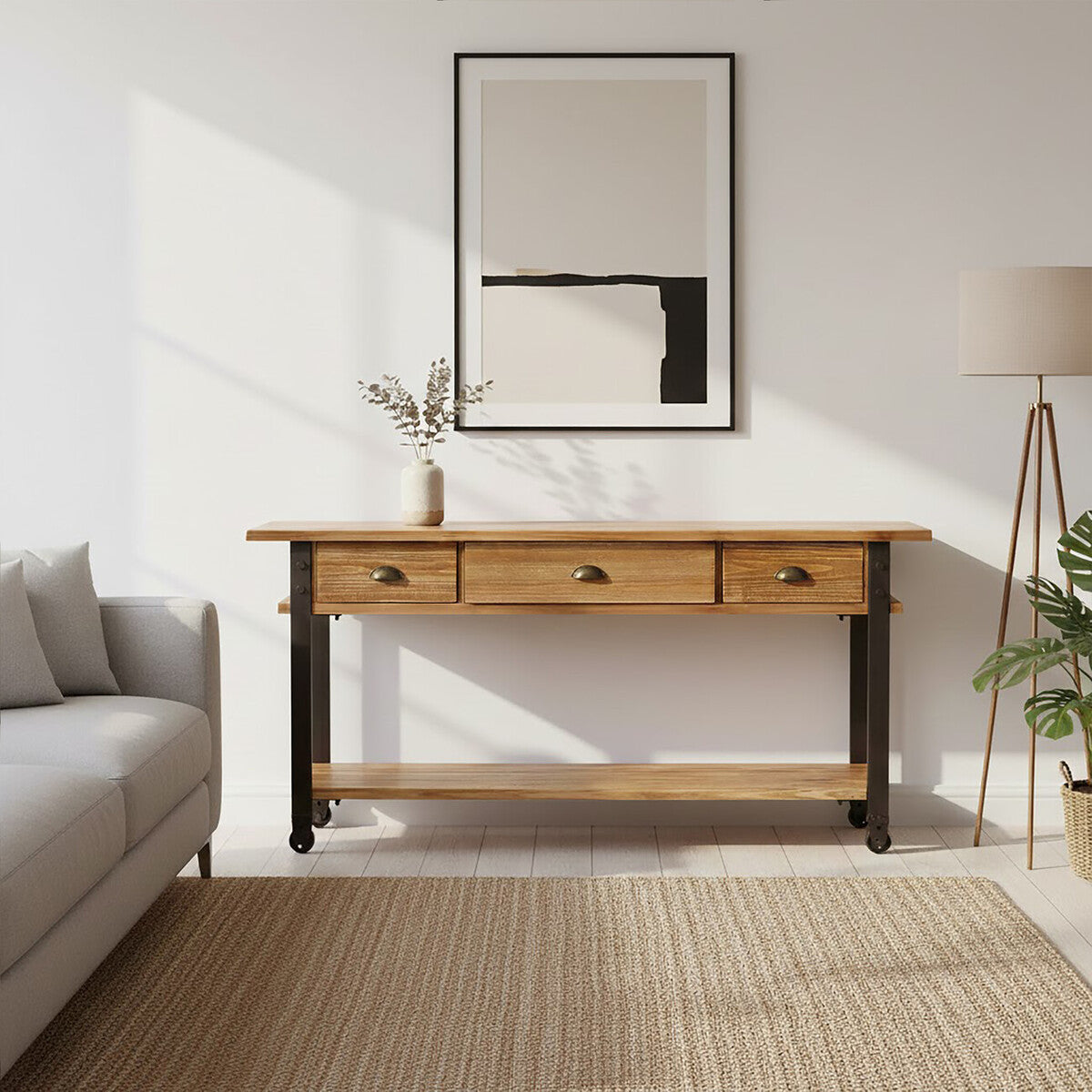 Natural Wooden 3-Drawer Console Table with Black Metal Legs | New Foundry