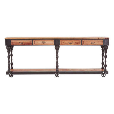 Natural Wooden 4-Drawer Console Table with Black Metal Legs, New Foundry