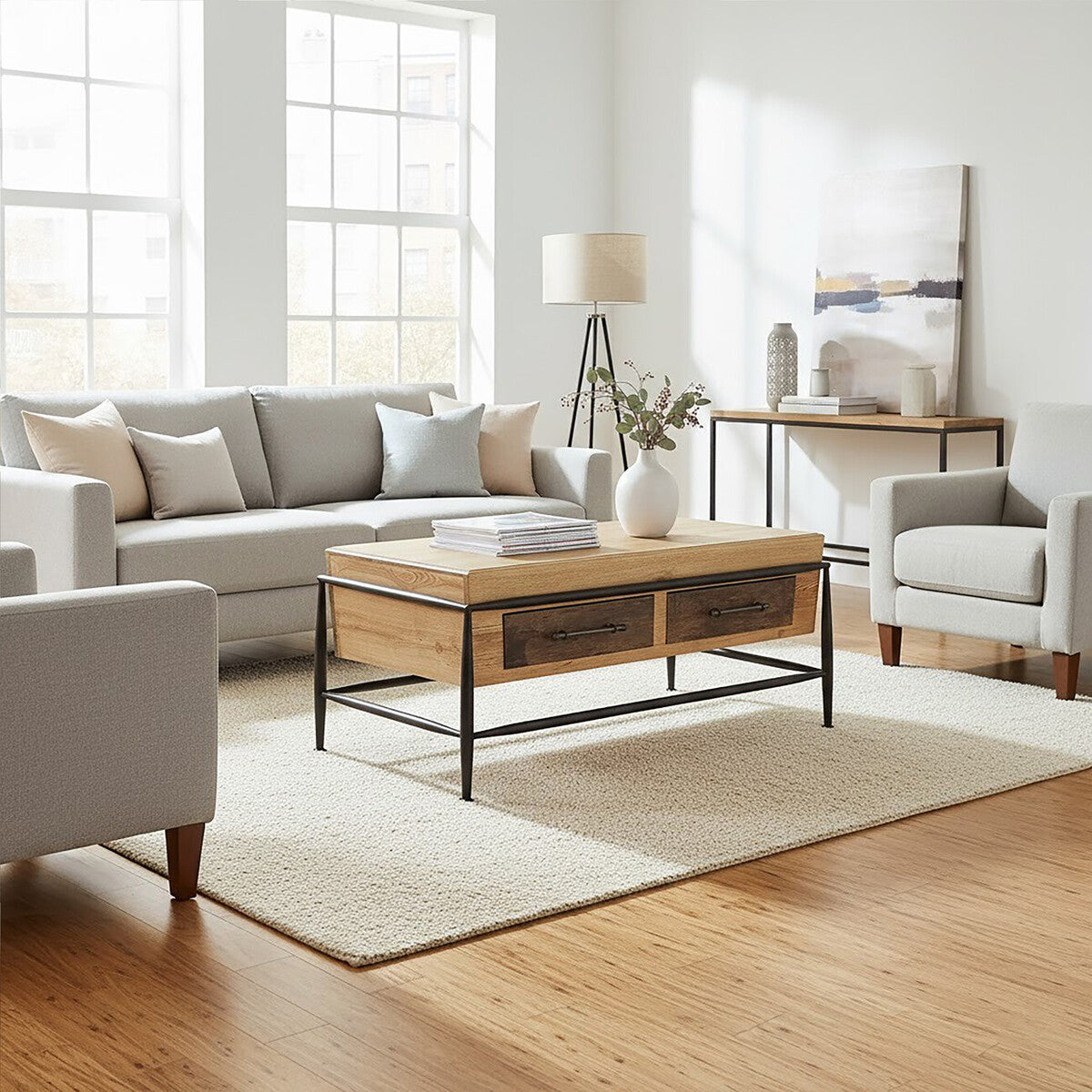 Natural and Brown Wooden Coffee Table with Metal Legs | New Foundry