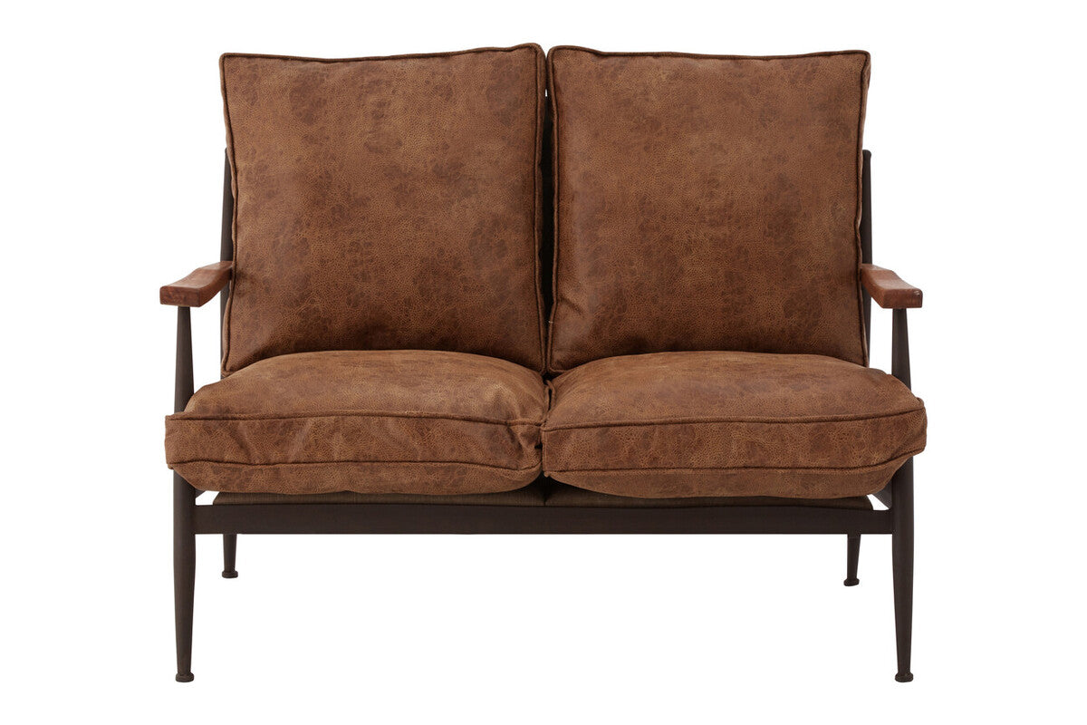 Brown Leather Effect 2 Seater Sofa with Wood Frame | New Foundry