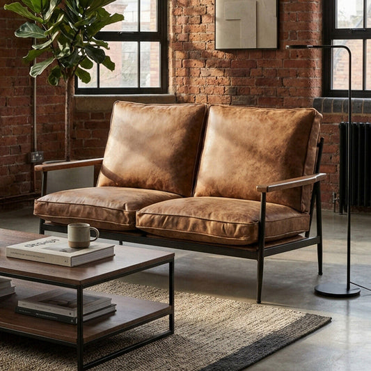 Brown Leather Effect 2 Seater Sofa with Wood Frame, New Foundry