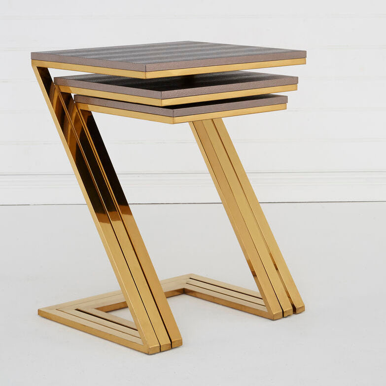 Gold Finish Z Leg Nest of 3 Tables with Metallic Faux Snakeskin | Pacific