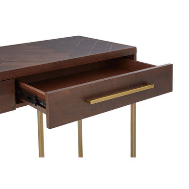 Brown Acacia Wood Veneer Console Table with 2 Drawers and Antique Brass Metal Frame and Handles | Brando
