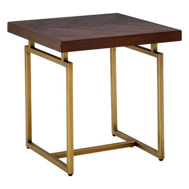 Brown Acacia Wood Effect Herringbone Engraved Side Table Antique Brass Metal Frame, Brando