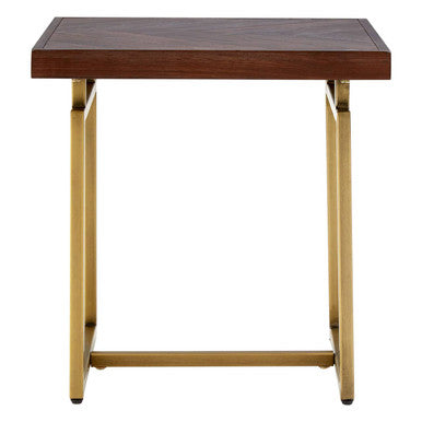 Brown Acacia Wood Effect Herringbone Engraved Side Table Antique Brass Metal Frame, Brando