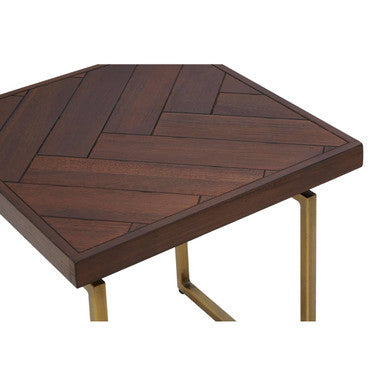 Brown Acacia Wood Effect Herringbone Engraved Side Table Antique Brass Metal Frame, Brando