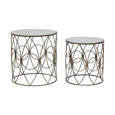 Set of 2 Antique Finish Frame Side Tables with Round Mirrored Top, Avantis
