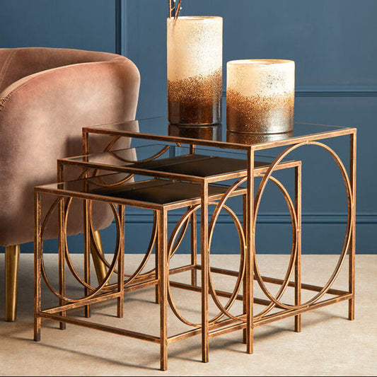 Mirrored Glass Top Nest of 3 Tables with Bronze Finish Metal Frame, Avantis
