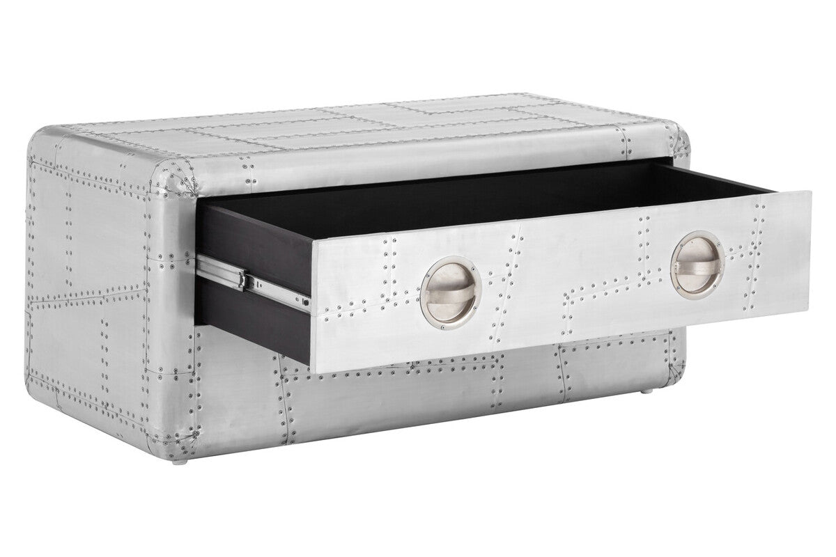 Silver Aluminium Plated Mango Wood Coffee Table with Sliding Storage Drawer, Avro