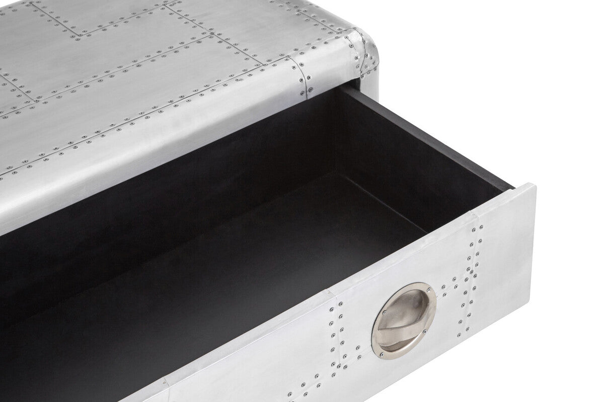 Silver Aluminium Plated Mango Wood Coffee Table with Sliding Storage Drawer, Avro