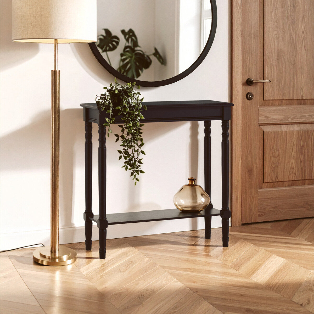 Black Wooden Console Table with Carved Legs and Lower Shelf, Heritage